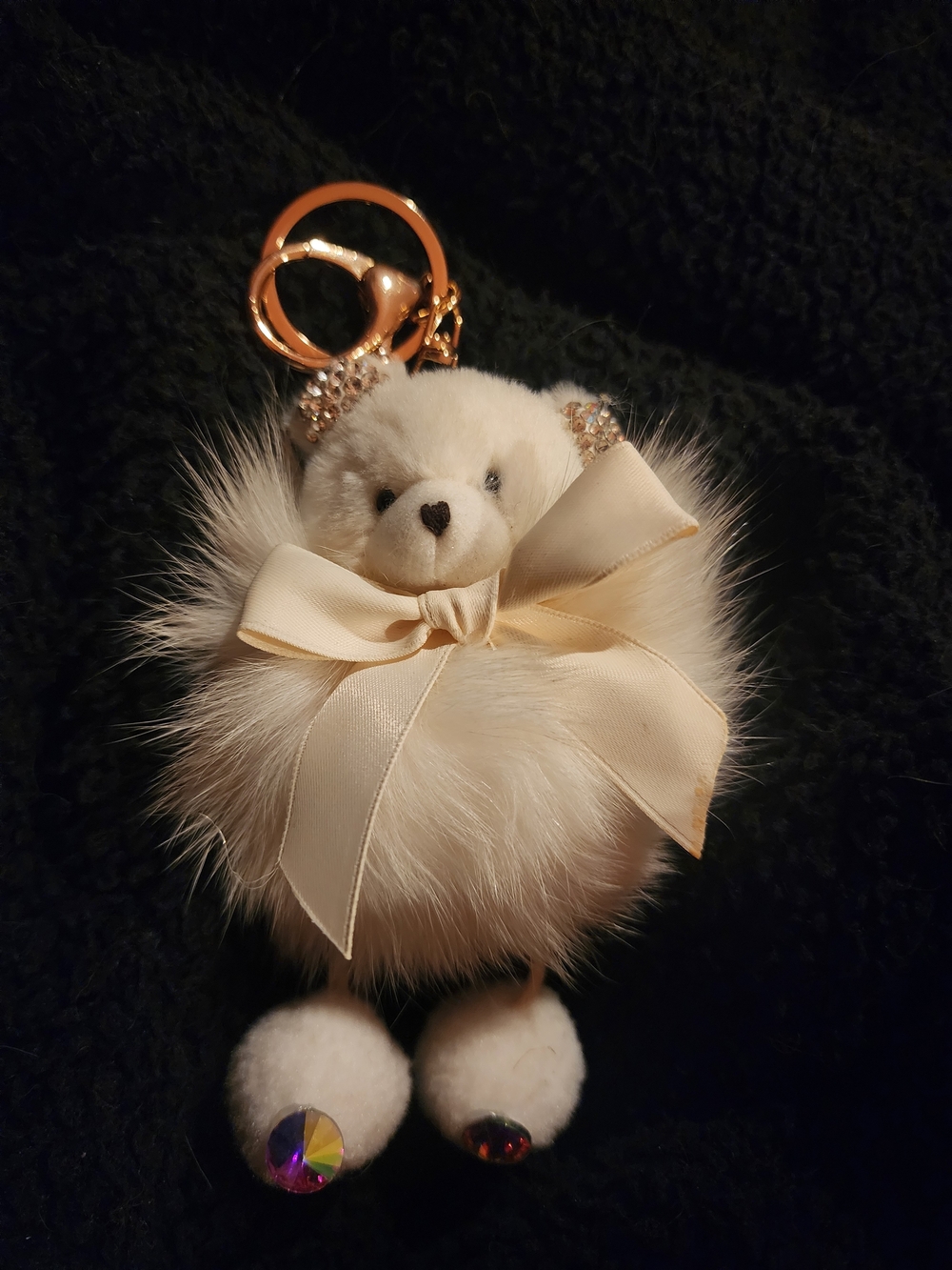 The Cutest White Fluffy Bear With Bling Pom Keychain with Bow